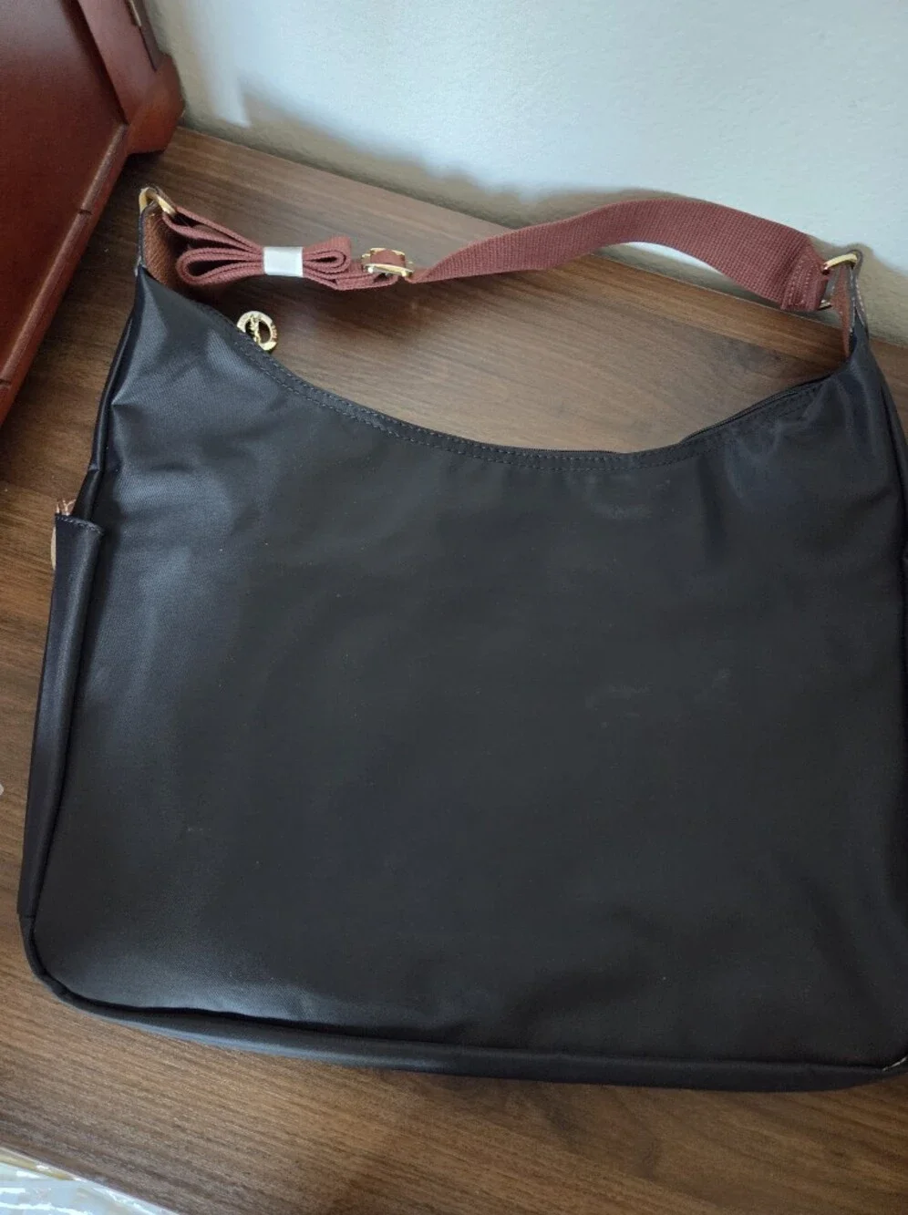 Longchamp Black Nylon Tote with Brown Leather Accents